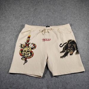 Ed Hardy Mens XL Cream Tattoo Graphic Fleece Shorts Skull Panther